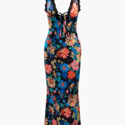 Floral Print Lace Trim V-neck Maxi Dress