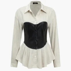 Faux Leather Patchwork Long-Sleeve Shirt