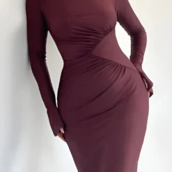 Solid Ruched Long-Sleeve Maxi Dress