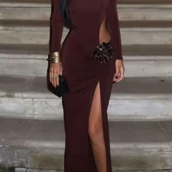 3D Floral Slit Long Sleeve Maxi Dress