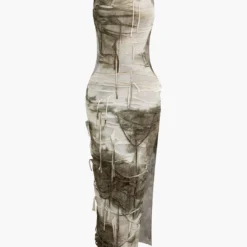Tie Dye Distressed Sleeveless Cut Out Slit Maxi Dress