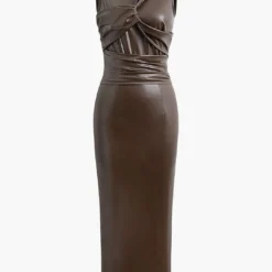 Faux Leather Wrap Sleeveless Ruched Slit Midi Dress -Women's Clothing Store 2293a22e 7f2d 4b36 b891 af0d0fc190af