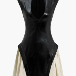 Solid Pu Patchwork Ruched Zipper Mini Dress