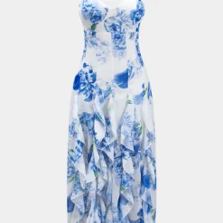 Floral Print Chiffon Ruffle Backless Slip Sleeveless Midi Dress