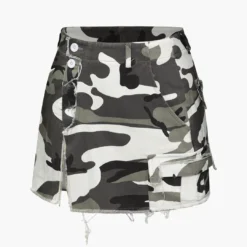 Camo Frayed Hem Cargo Skirt