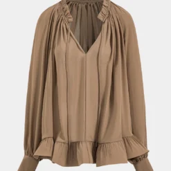 Chiffon Pleated Drawstring Bead Ruffle Long-Sleeve Shirt