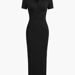 Solid Slit Collar Midi Dress -Women's Clothing Store 283bad91 6b66 4843 adba 0298e194a115