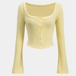 Knit Button Square Neck Bell Sleeve Top