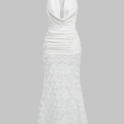 3D Flower Backless Ruched Knotted Patchwork Halter Neck Maxi Dress