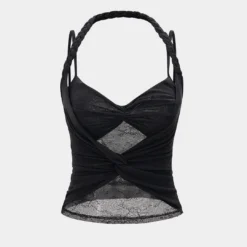 Lace Sheer Twist Knot Ruched Braided Slip Cami Top