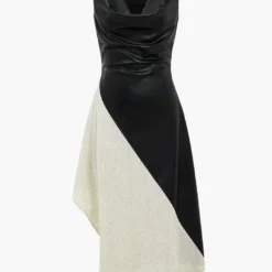 Color Block Draped Cowl Neck Asymmetrical Midi Dress