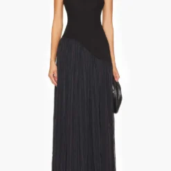 Strapless Patchwork Zipper Pleated Maxi Dress