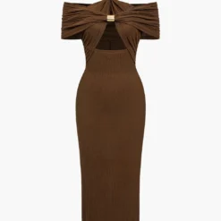 Textured Ruched Slit Midi Dress