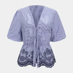 Stripes Print Embroidery Short-Sleeve Shirt