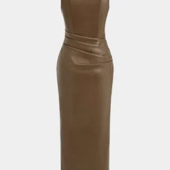 Faux Leather V-neck Ruched Maxi Dress -Women's Clothing Store 2b9a9b72 cc06 404d a73b 9baad7df0ee1