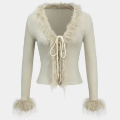 Knit Patchwork Faux Fur Tie-Up Long-Sleeve Top