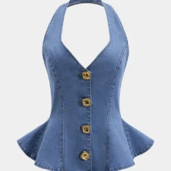 Denim Ruched Button Backless Crop Top