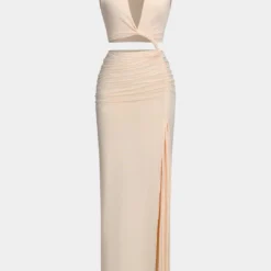 Ruched Cut Out V-Neck Sleeveless Slit Maxi Dress