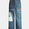 Retro Print Denim Patched Patchwork Wide Leg Trousers
