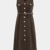 Button V-Neck Belted Long Sleeve Corduroy Maxi Dress