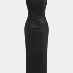 Faux Leather V-neck Ruched Maxi Dress -Women's Clothing Store 30baab8a a804 465c 8fe0 0317afb239be