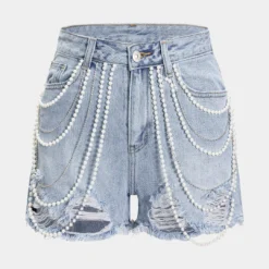 Denim Bead Chain Decor Ripped Frayed High Waist Shorts