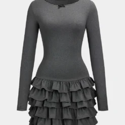 Ruffle Round Neck Puff Hem Long Sleeve Mini Dress