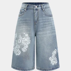 Denim Floral Print High Waist Straight Leg Shorts