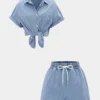 Denim Button Pocket Tank Top And Drawstring Shorts