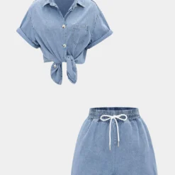 Denim Button Pocket Tank Top And Drawstring Shorts