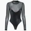 Mesh Faux Leather Patchwork Long Sleeve Bodysuit