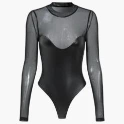 Mesh Faux Leather Patchwork Long Sleeve Bodysuit