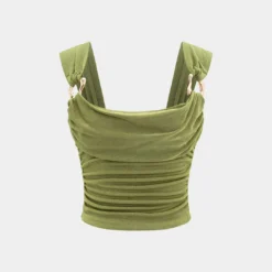 Metallic Decor Cowl Neck Ruched Tank Top