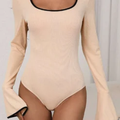Contrast Binding Long Sleeve Bell Sleeve Bodysuit -Women's Clothing Store 331e8443 f714 4274 a93a 1dfdd5117647
