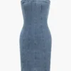 Denim Washed Frayed Zipper Detail Strapless Sleeveless Dress