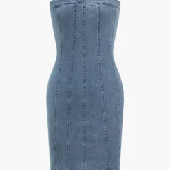 Denim Washed Frayed Zipper Detail Strapless Sleeveless Dress