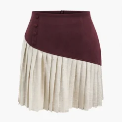 Linen Button Patchwork Pleated Skirt -Women's Clothing Store 34c82b39 e63b 4e59 8731 ffa9e64ef5b7