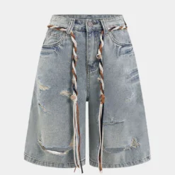 Denim Ripped Pocket Shorts With Belt