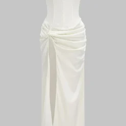 Satin Side Slit Strapless Sleeveless Twist Knot Midi Dress