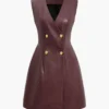 Solid PU Leather Button Mini Dress