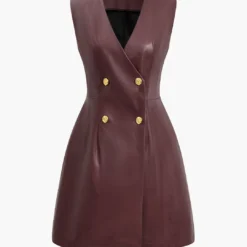 Solid PU Leather Button Mini Dress