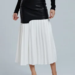 Contrast Pleated Faux Leather Midi Skirt -Women's Clothing Store 364d68ad 7676 4338 a55a 3f4f973786bb