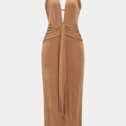 Halter Neck V-Neck Twist Knot Ruched Backless Sleeveless Maxi Dress