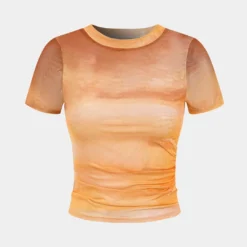 Ombre Print Mesh Ruched Round Neck Short Sleeve T-Shirt