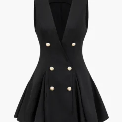 Solid Double Breasted V-Neck Mini Dress