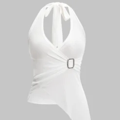 Metallic Decor Halter Neck Backless Asymmetrical Cami Top