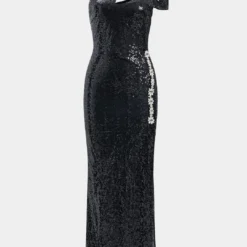 Rhinestone Sequin One Shoulder Cut Out Zipper Slit Maxi Dress