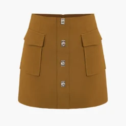 Solid Button Metallic Zipper Skirt