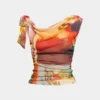 Abstract Print Mesh Ruched Asymmetry Tie Up Tank Top