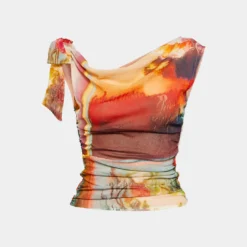 Abstract Print Mesh Ruched Asymmetry Tie Up Tank Top